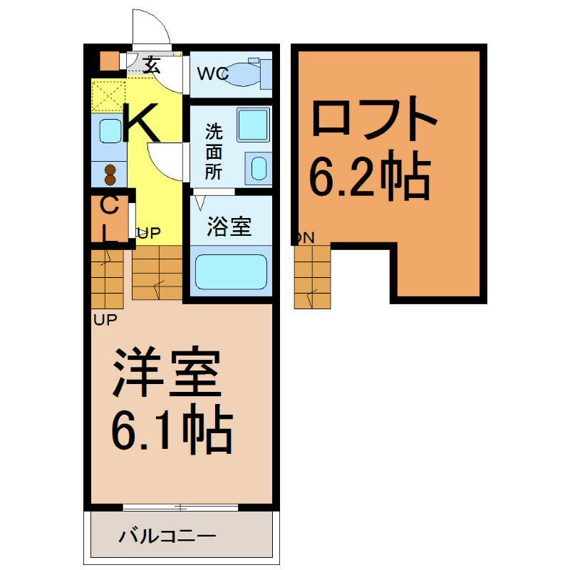 Ｋ　Ｆｌａｔ（ケーフラッツ） 間取り　洋室6.1帖　ロフト6.2帖　脱衣洗面所　バルコニー