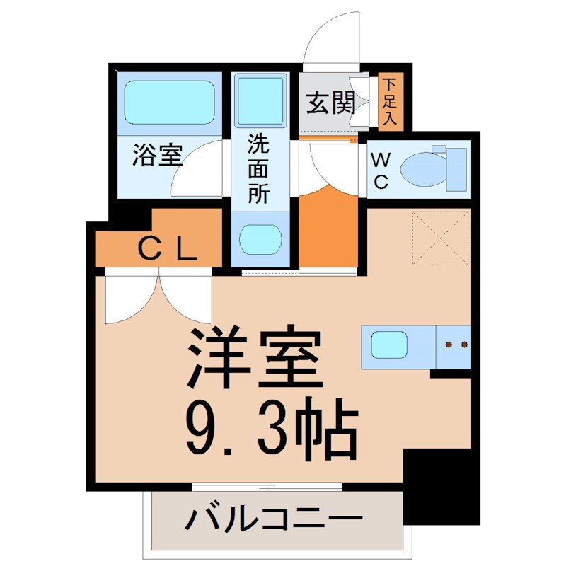 コンフォート新栄 間取図　洋室9.3帖　脱衣洗面所　バルコニー