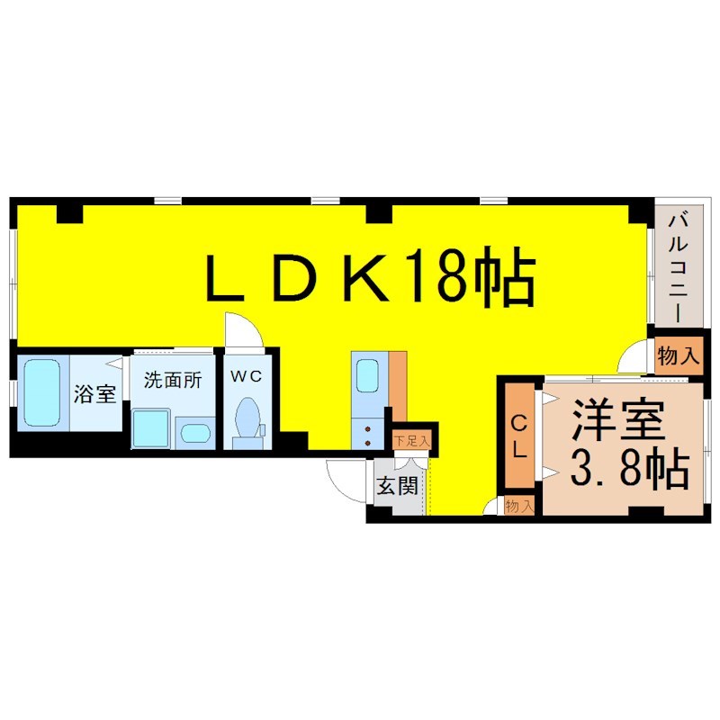 グランレーヴ東別院ＥＡＳＴ 間取図　ＬＤＫ18帖　洋室3.8帖　脱衣洗面所　バルコニー
