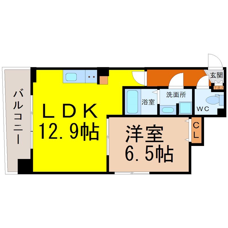 ＬａＦａｃａｄｅ（ラファサード） 間取り　ＬＤＫ12.9帖　洋室6.5帖　脱衣洗面所
