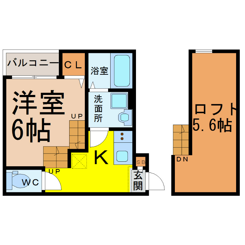 カシミール本陣 間取り　洋室6帖　ロフト5.6帖　脱衣洗面所　バルコニー