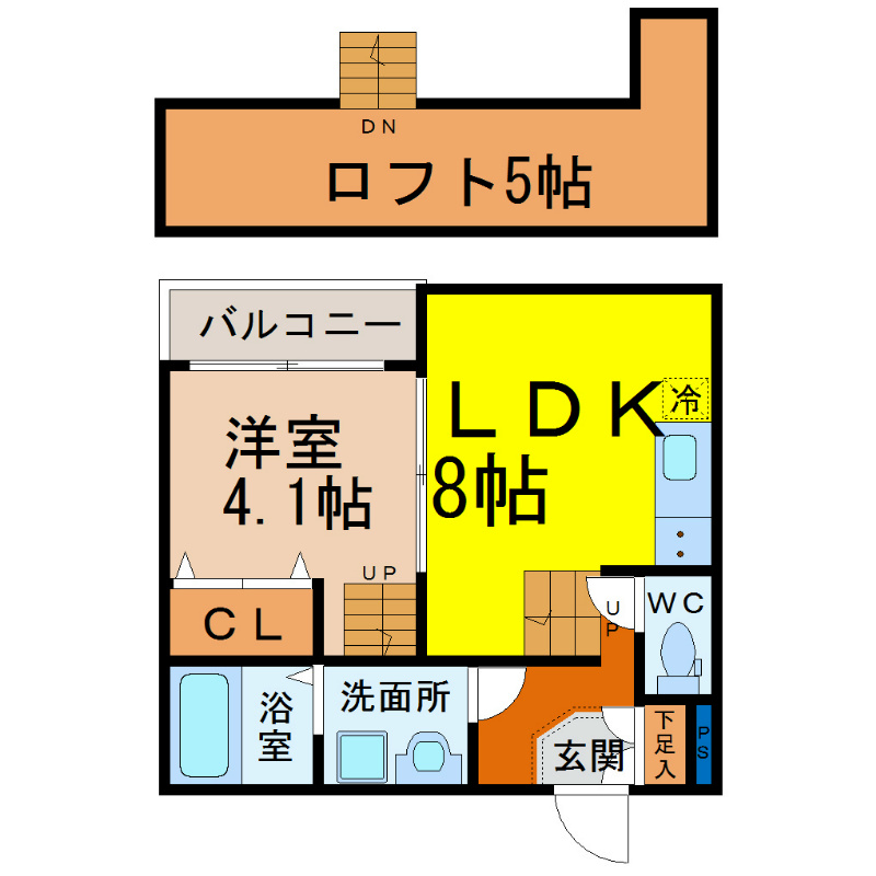 ヴィラフリージア 間取図　ＬＤＫ8帖　洋室4.1帖　ロフト5帖