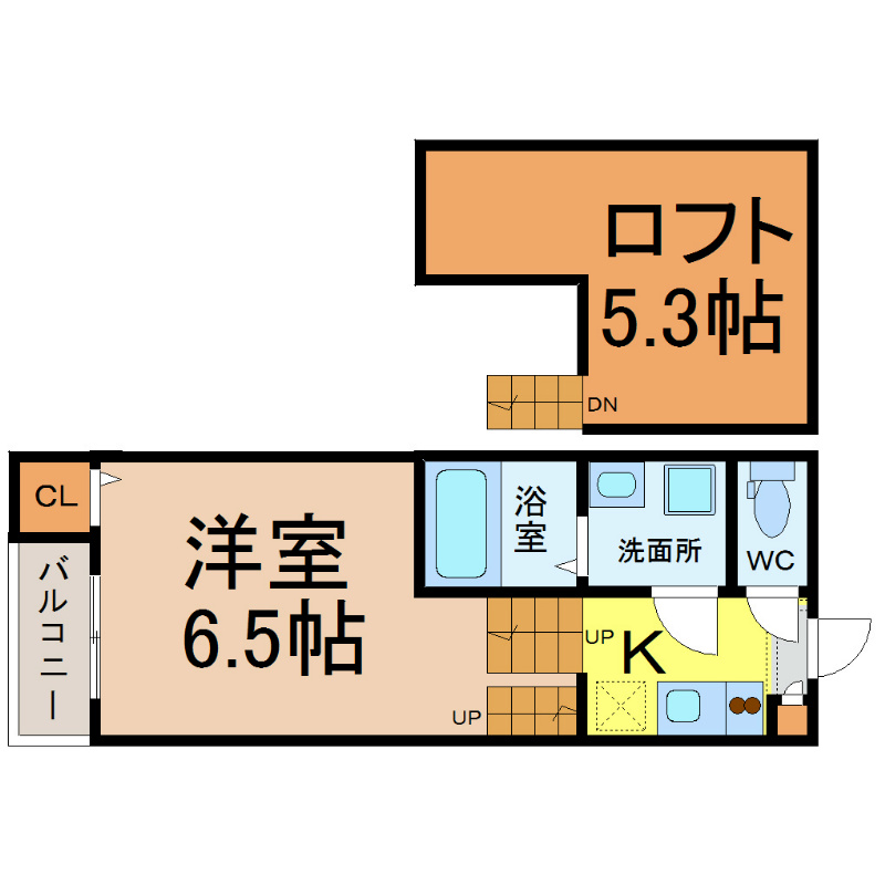 Ｍ’ｓｃｏｕｒｔ妙音通（エムズコート妙音通） 間取図　洋室6.5帖　ロフト5.3帖　脱衣洗面所　バルコニー