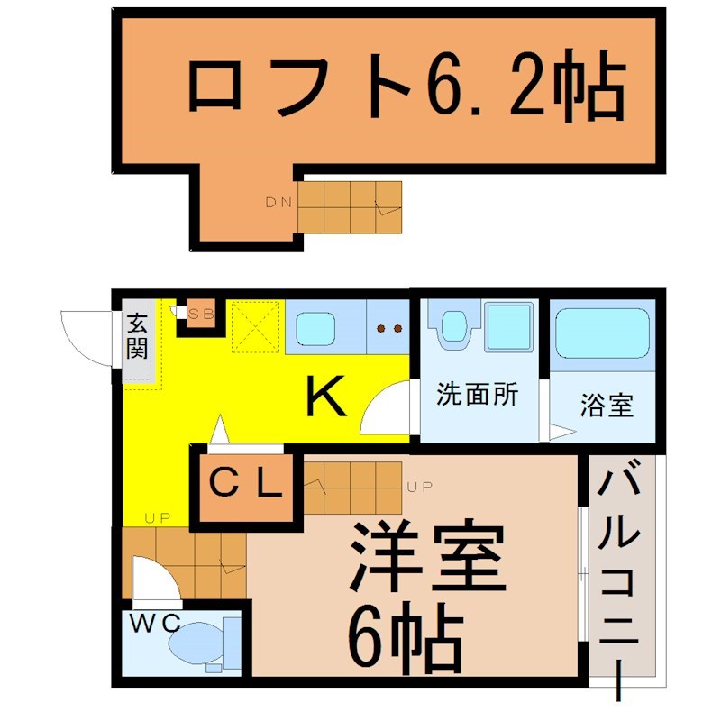 ルノンキュール 間取り　洋室6帖　ロフト6.2帖