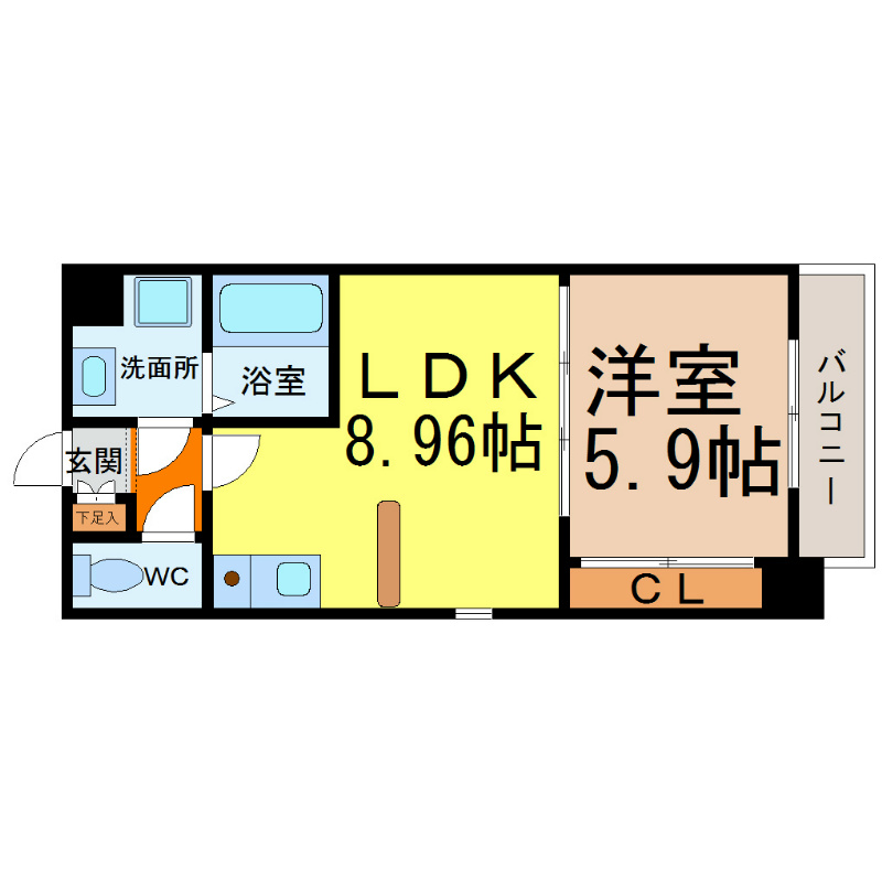 ベレーサ葵 間取り　ＬＤＫ8.96帖　洋室5.9帖　脱衣洗面所