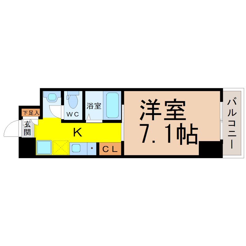 Ｓ－ＦＯＲＴ神宮南 間取図　洋室7.1帖　独立洗面台　クローゼット付　バルコニー
