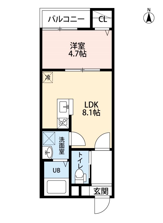 アエスタース 間取り　ＬＤＫ8.1帖　洋室4.7帖　脱衣洗面所　バルコニー