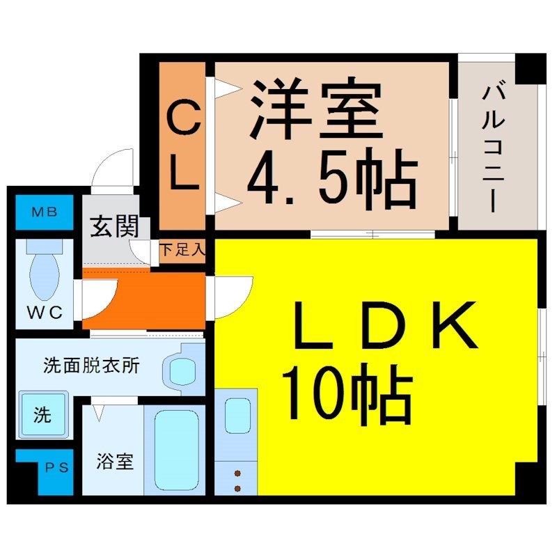 吹上アパートメント 間取図　ＬＤＫ10帖　洋室4.5帖　脱衣洗面所　バルコニー