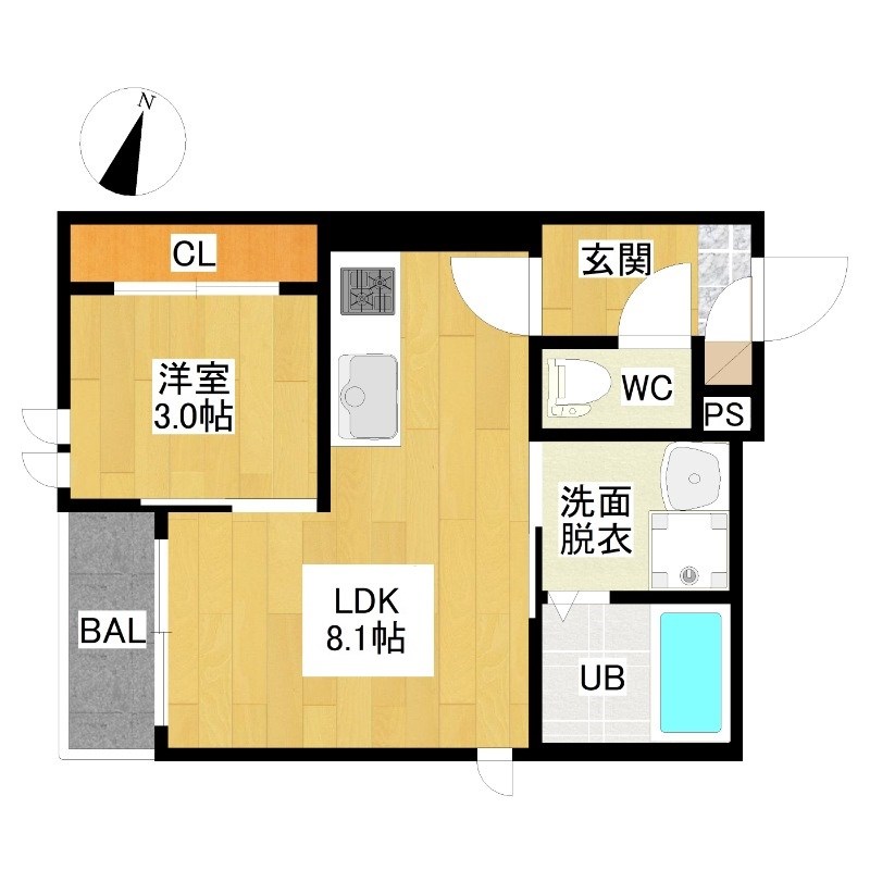 ＧＲＡＮＤＴＩＣ　Ｑｕｏｎ鳴海 間取図　ＬＤＫ8.1帖　洋室3帖　脱衣洗面所　バルコニー