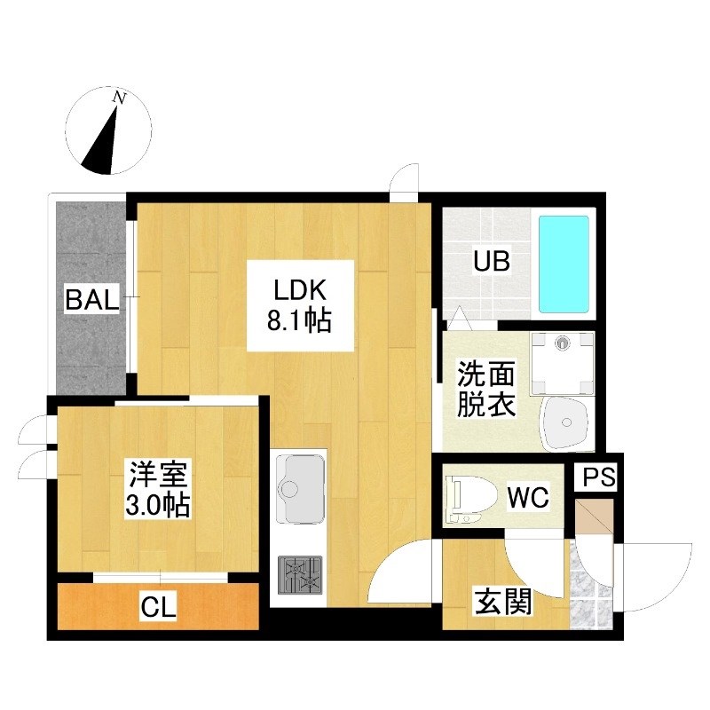 ＧＲＡＮＤＴＩＣ　Ｑｕｏｎ鳴海 間取図　ＬＤＫ8.1帖　洋室3帖　脱衣洗面所　バルコニー
