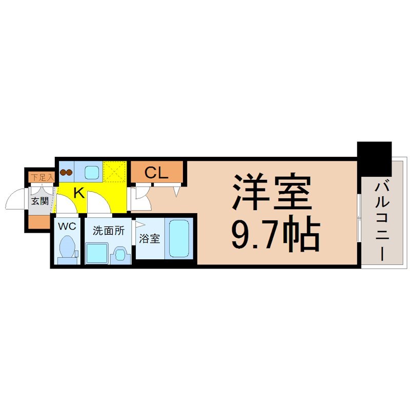 プレサンス久屋大通セントラルパーク 間取図　洋室9.7帖　脱衣洗面所　バルコニー