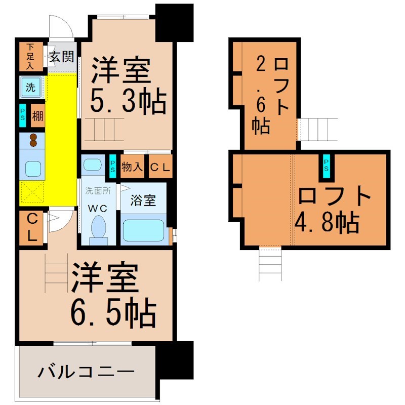 エステムコート名古屋駅前ＣＯＲＥ 間取り　洋室6.5帖　洋室5.3帖　ロフト付き