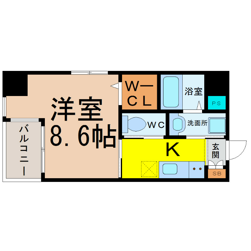 ｍａｉｓｏｎ　ｓｐａｄｅ（メゾンスペード） 間取図　洋室8.6帖　脱衣洗面所　ウォークインクローゼット