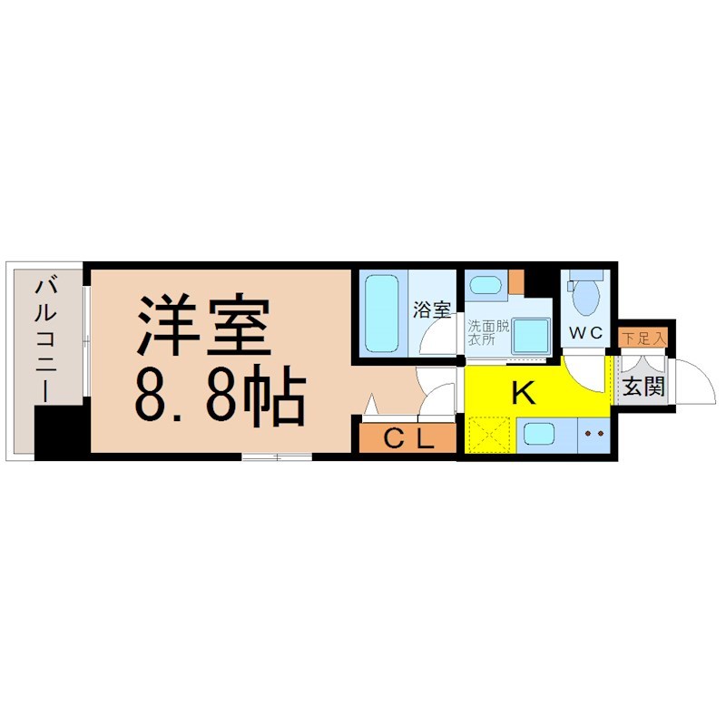 エスペランサ上前津 間取図　洋室8.8帖　脱衣洗面所　バルコニー