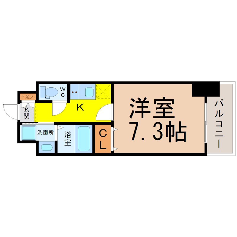 アジリア大曽根 間取図　洋室7.3帖　脱衣洗面所　南面バルコニー
