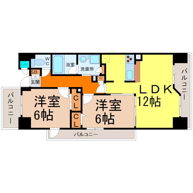 ヴィラエーデル大須 間取図　ＬＤＫ12帖　洋室6帖　洋室6帖　南面バルコニー