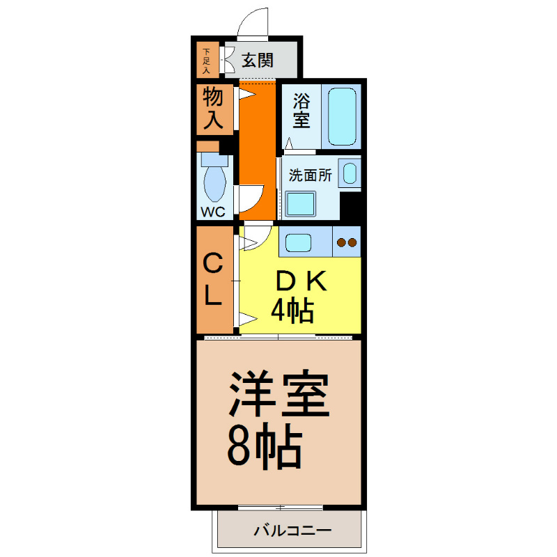 ルトゥール 間取図　洋室8帖　ＤＫ4帖　南面バルコニー