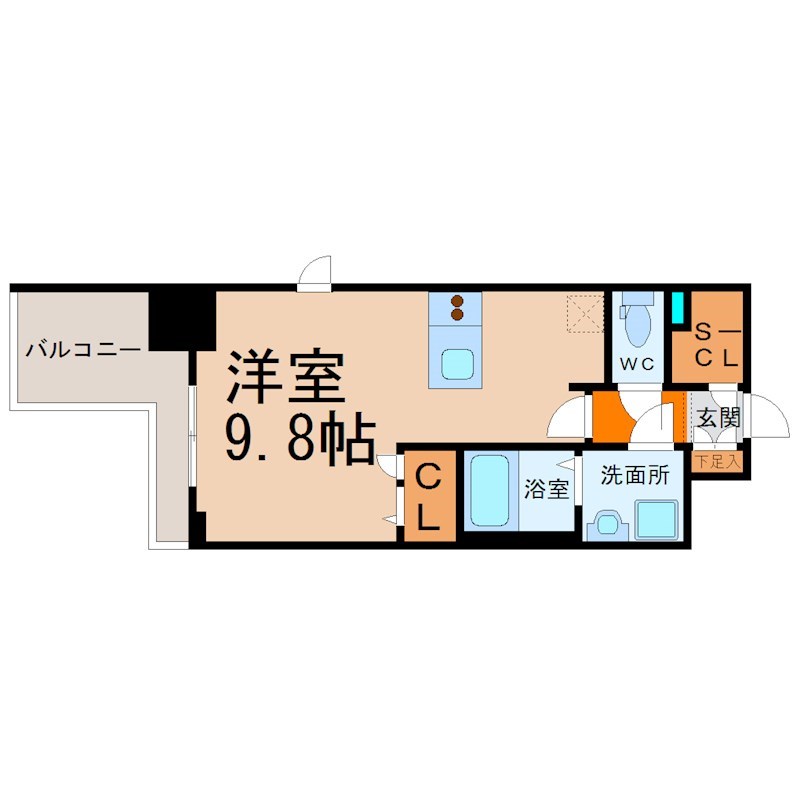 プレサンス錦プレミアム 間取図　洋室9.8帖　カウンターキッチン　脱衣洗面所