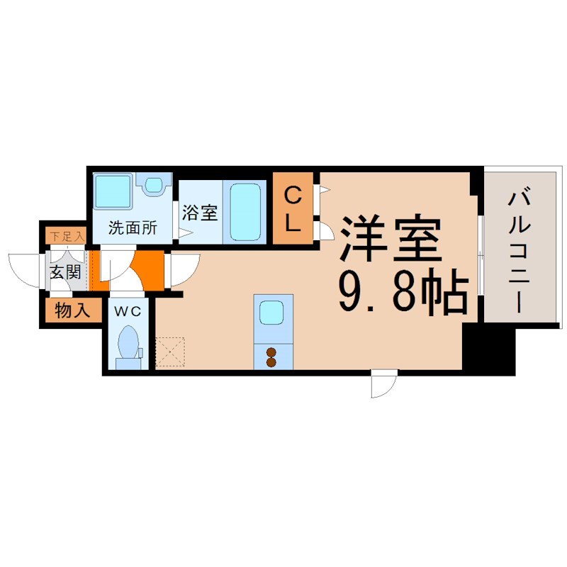 プレサンス錦プレミアム 間取図　洋室9.8帖　脱衣所　バルコニー