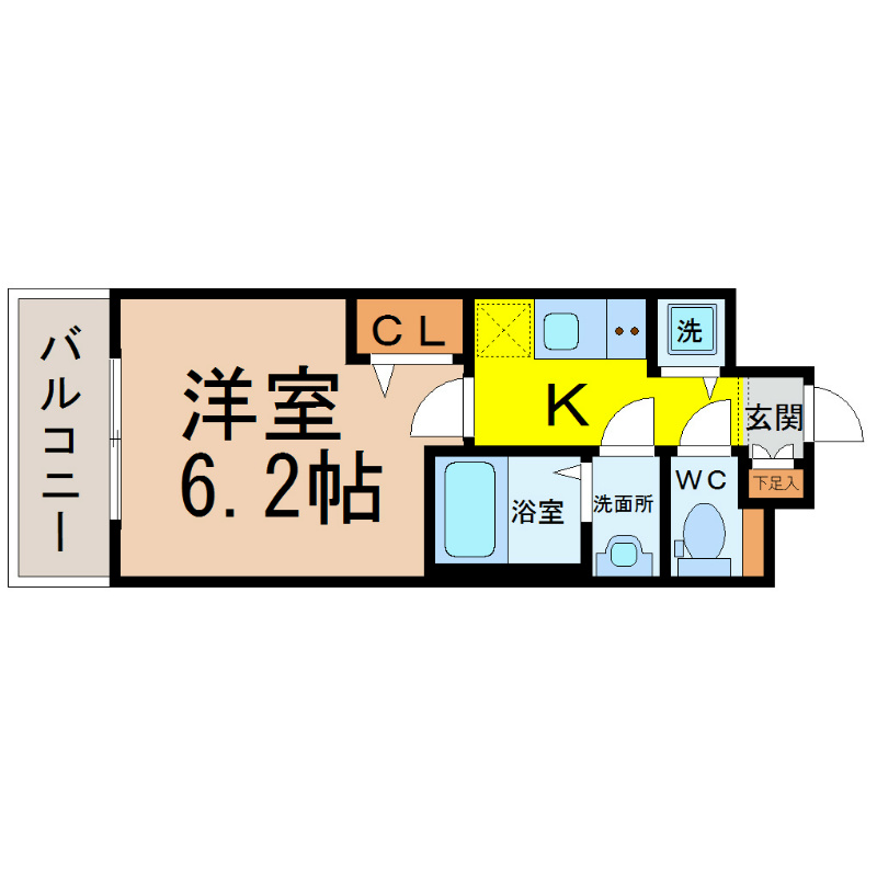 プレサンス金山コネクト 間取図　洋室6.2帖　脱衣洗面所　バルコニー