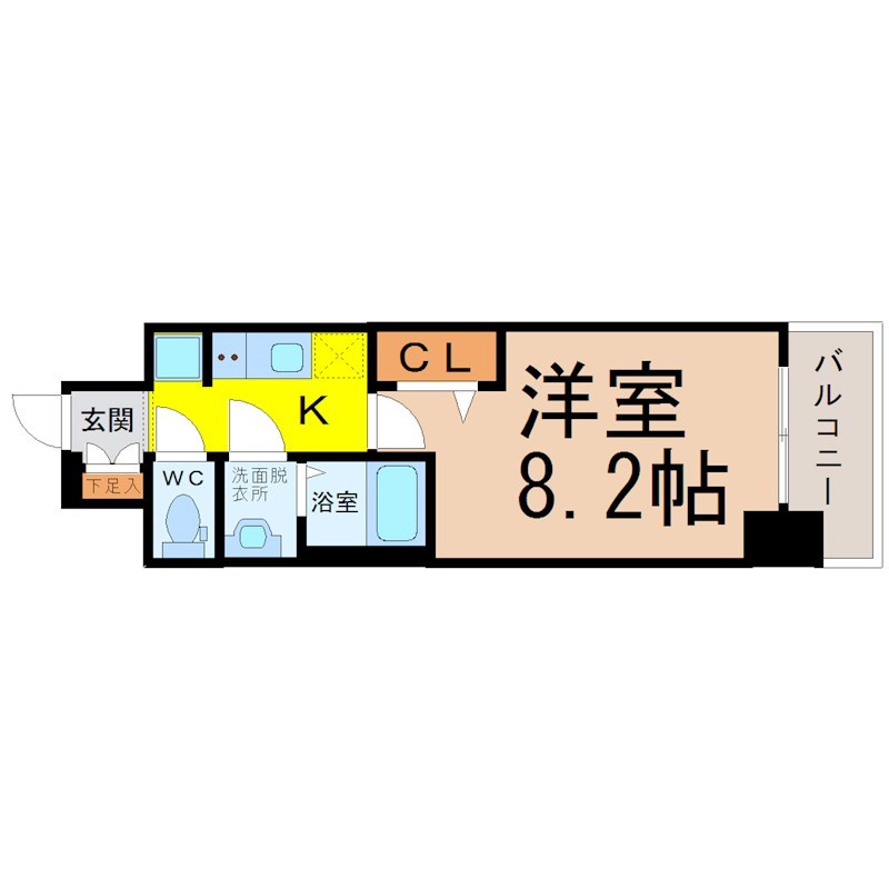 プレサンス上前津プレス 間取図　洋室8.2帖　脱衣洗面所　クローゼット付　バルコニー
