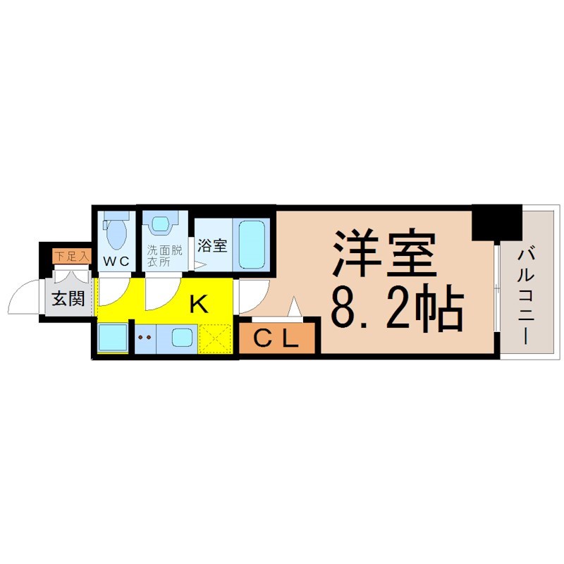 プレサンス上前津プレス 間取図　洋室8.2帖　脱衣洗面所　クローゼット付　バルコニー