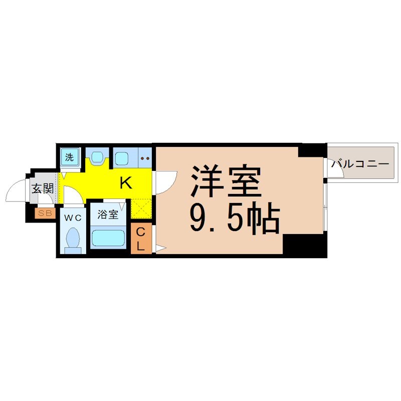 プレサンス東別院駅前コネクション 間取図　洋室9.5帖　独立洗面台　クローゼット付