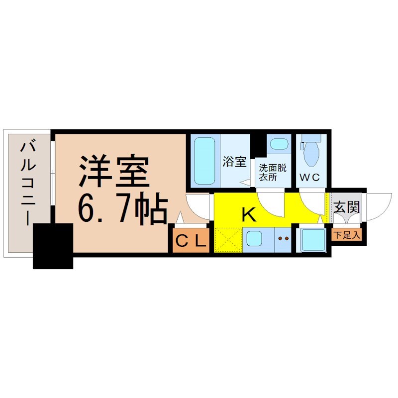 プレサンス金山デュアル 間取図　洋室6.7帖　脱衣洗面所　バルコニー