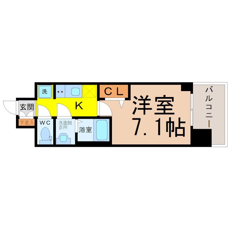 プレサンスＴＨＥ栄 間取図　洋室7.1帖　脱衣洗面所　クローゼット付　バルコニー
