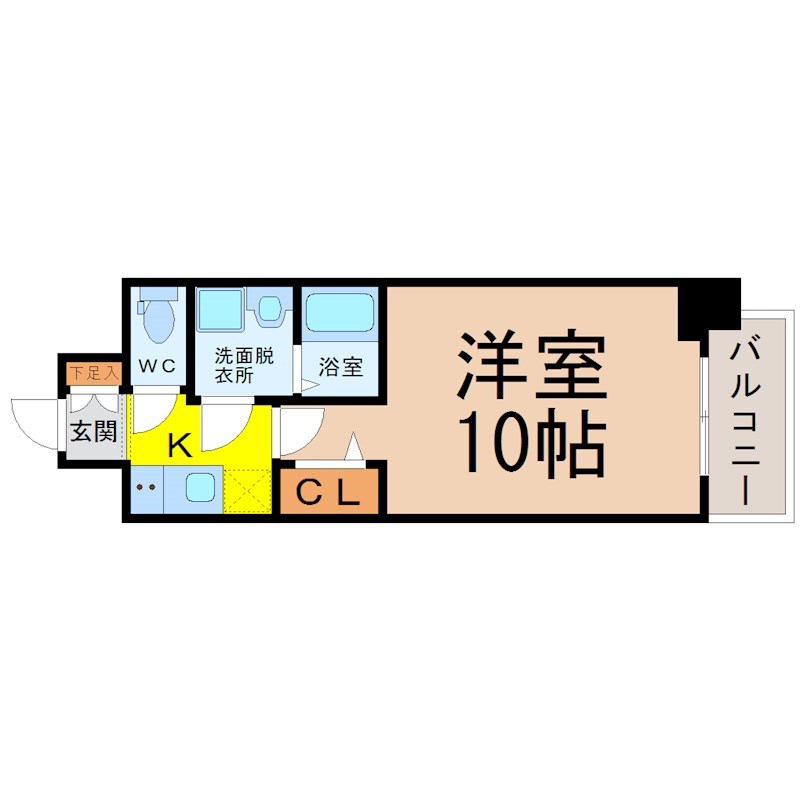 プレサンス上前津プレス 間取図　洋室10帖　脱衣洗面所　クローゼット付　バルコニー