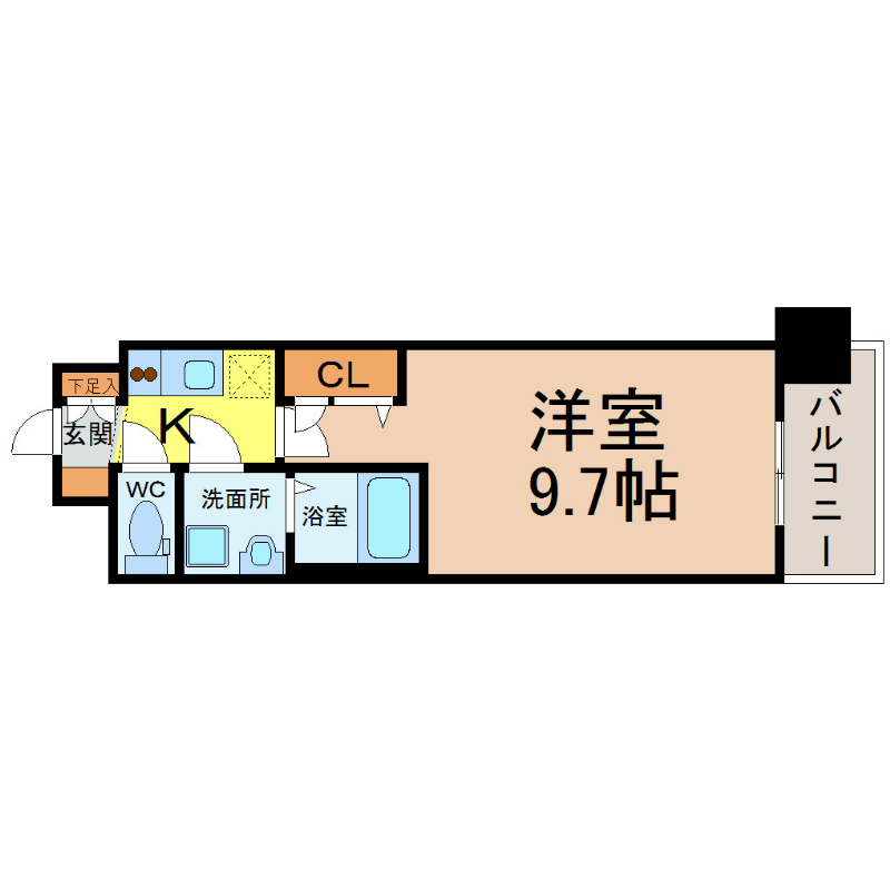 プレサンス久屋大通セントラルパーク 間取図　洋室9.7帖　脱衣洗面所　バルコニー
