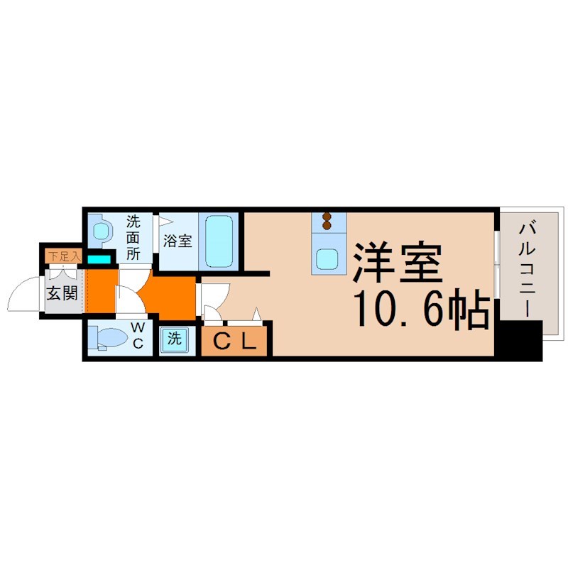プレサンス久屋大通セントラルパーク 間取図　洋室10.6帖　カウンターキッチン　脱衣洗面所