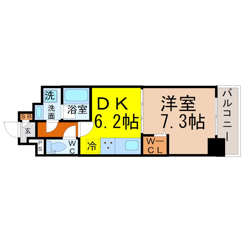 マイコスモス 間取り　ＤＫ6.2帖　洋室7.3帖　脱衣洗面所