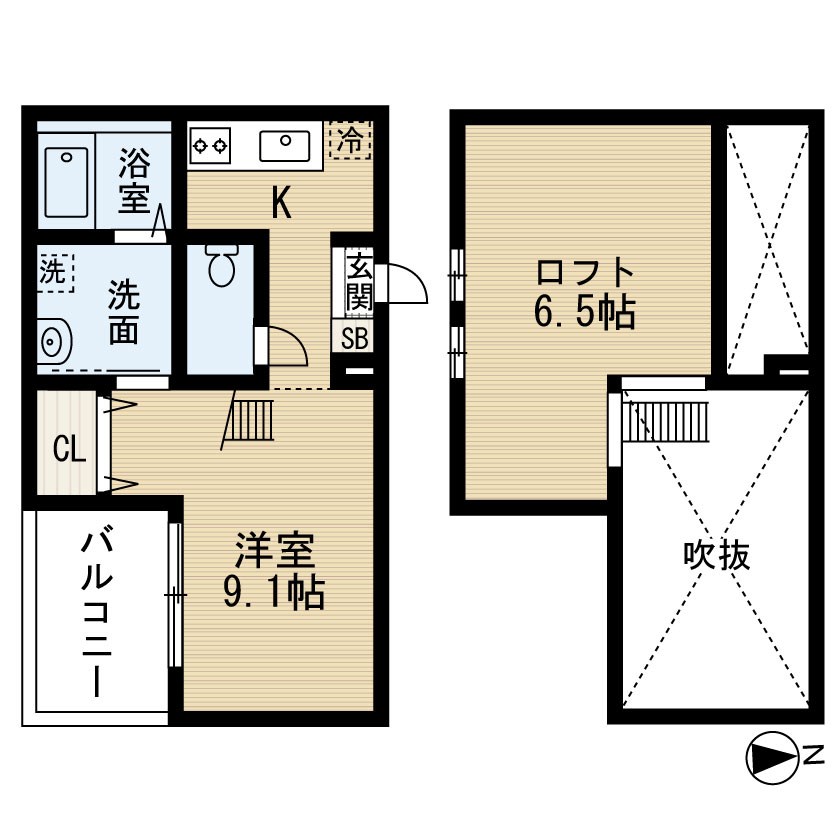 レジデンシアコート 間取図　洋室9.1帖　ロフト6.5帖　脱衣洗面所　バルコニー
