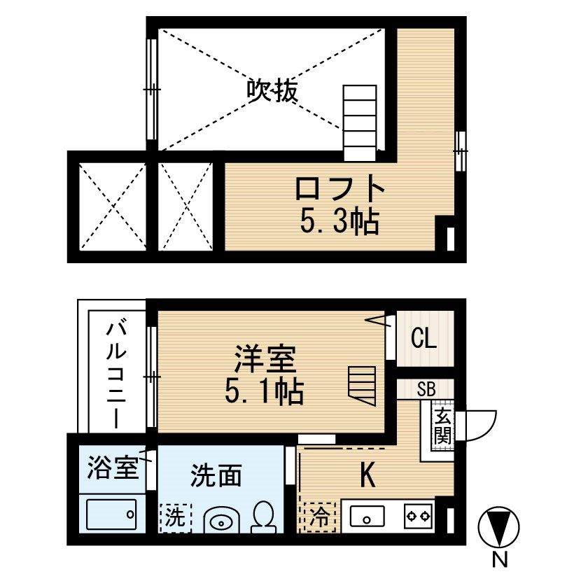 ヴィレッタ大正町 間取図　洋室5.1帖　ロフト5.3帖