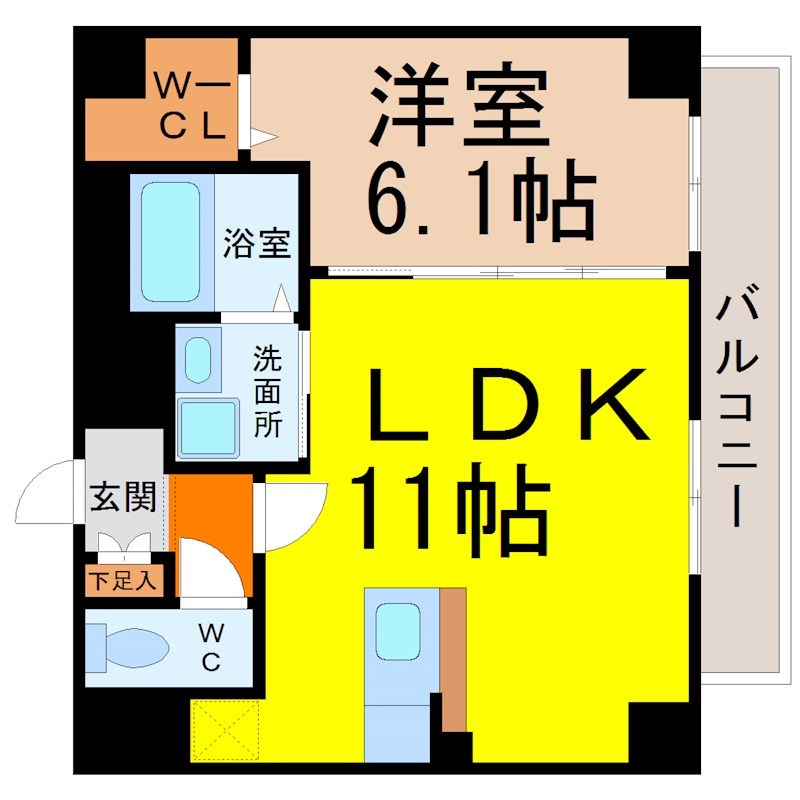 アースヒル東白壁 間取り　ＬＤＫ11帖　洋室6.1帖　脱衣洗面所　バルコニー
