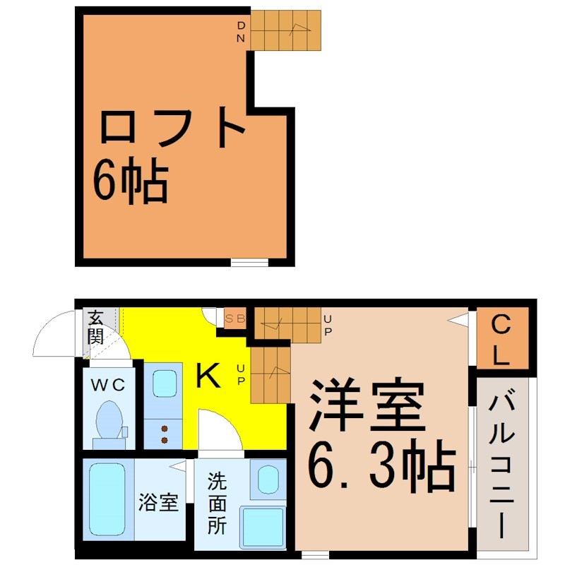 ハーモニーテラス西日置 間取図　洋室6.3帖　ロフト6帖　脱衣洗面所　バルコニー
