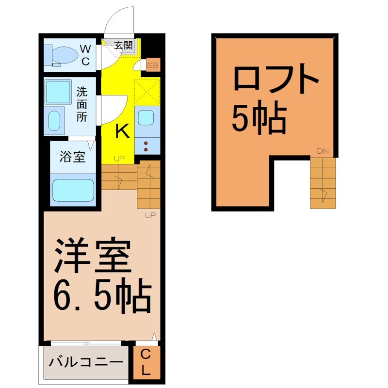 フォレストヒルズⅠ 間取図　洋室6.5帖　ロフト5帖　脱衣洗面所　バルコニー