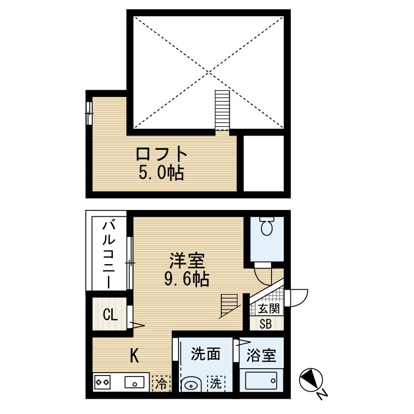 Ｂｌｏｏｍ（ブルーム） 間取図　洋室9.6帖　ロフト5帖　脱衣洗面所　バルコニー