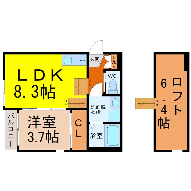 ハーモニーテラス白子町 間取図　ＬＤＫ8.3帖　洋室3.7帖　ロフト6.4帖