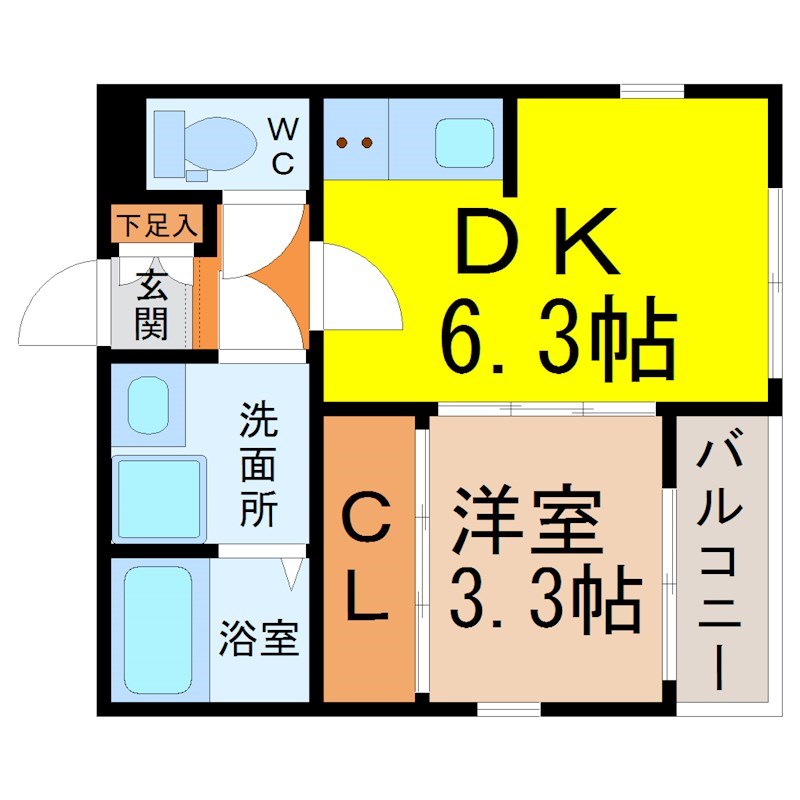 ｌａ　Ｖｉｅｒｇｅ（ラ・ヴィエルジュ） 間取図　ＤＫ6.3帖　洋室3.3帖　脱衣洗面所　バルコニー