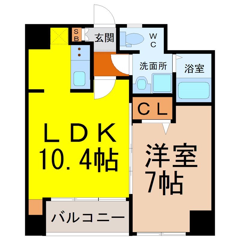 フローラル千種 間取図　ＬＤＫ10.4帖　洋室7帖　脱衣洗面所　バルコニー