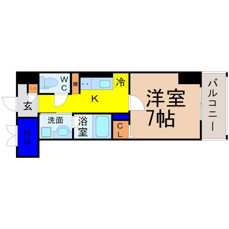 ヴェルドミール 間取図　洋室7帖　脱衣洗面所　クローゼット付　バルコニー