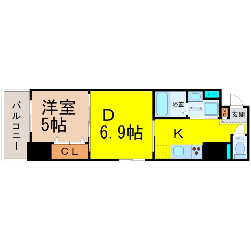 カトルセゾン金山 間取図　ダイニング6.9帖　洋室5帖　脱衣洗面所　バルコニー
