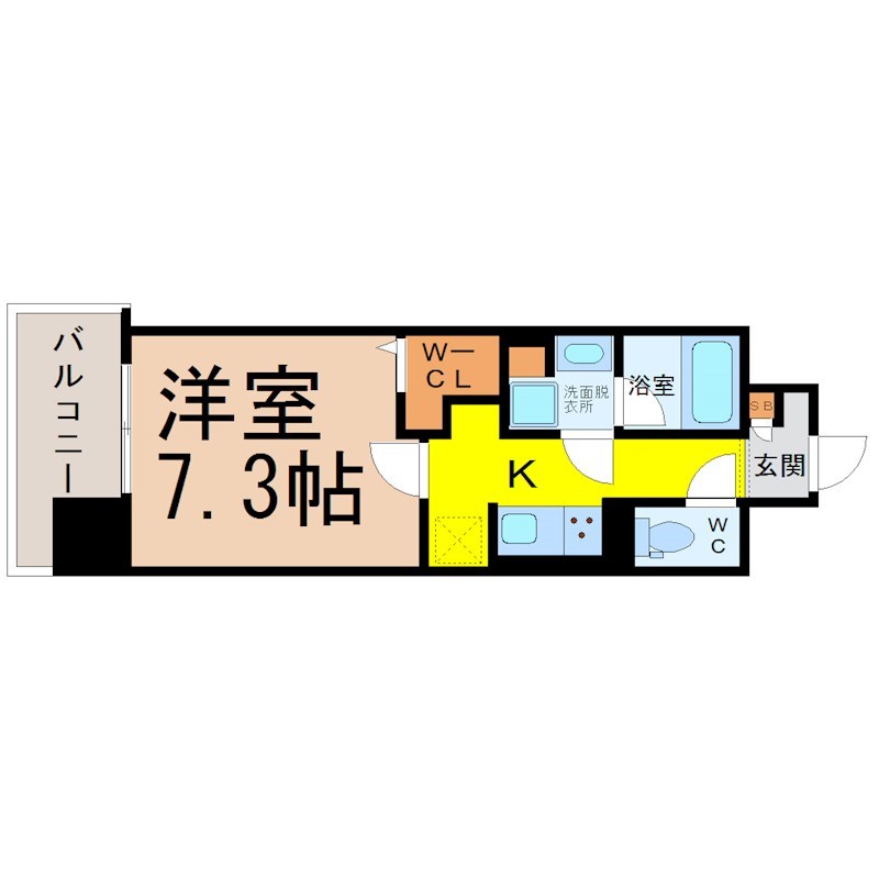 プレミアムコート大須 間取図　洋室7.3帖　脱衣洗面所　ウォークインクローゼット