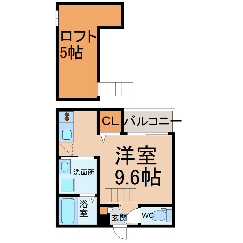Ｂｌｏｏｍ（ブルーム） 間取図　洋室9.6帖　ロフト5帖　脱衣洗面所　バルコニー