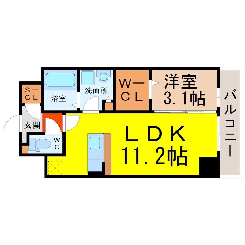 スティングレイつるま 間取図　ＬＤＫ11.2帖　洋室3.1帖　脱衣洗面所