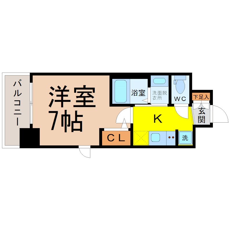 エステムコート名古屋新栄IIアリーナ 間取図　洋室7帖　脱衣洗面所　クローゼット付　バルコニー