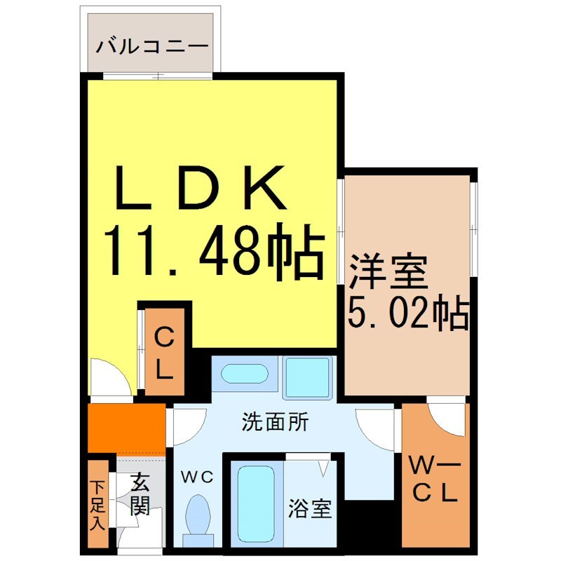 ミュプレ矢場町 間取図　ＬＤＫ11.48帖　洋室5.02帖　脱衣洗面所