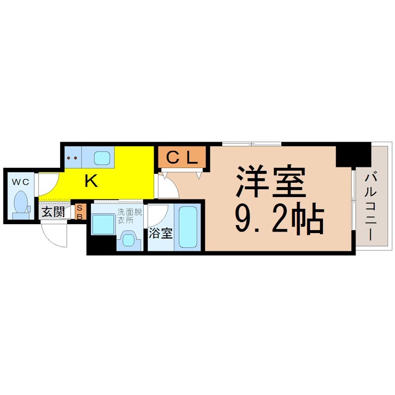 ラッフル千早 間取図　洋室9.2帖　脱衣洗面所　バルコニー